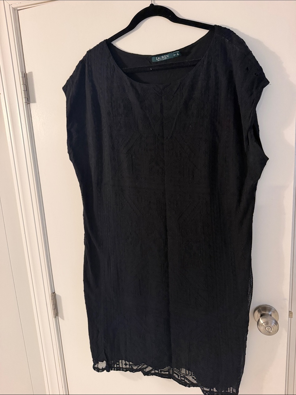 Lauren Ralph Lauren Black Crochet-Panel Short Sleeve Tunic Dress